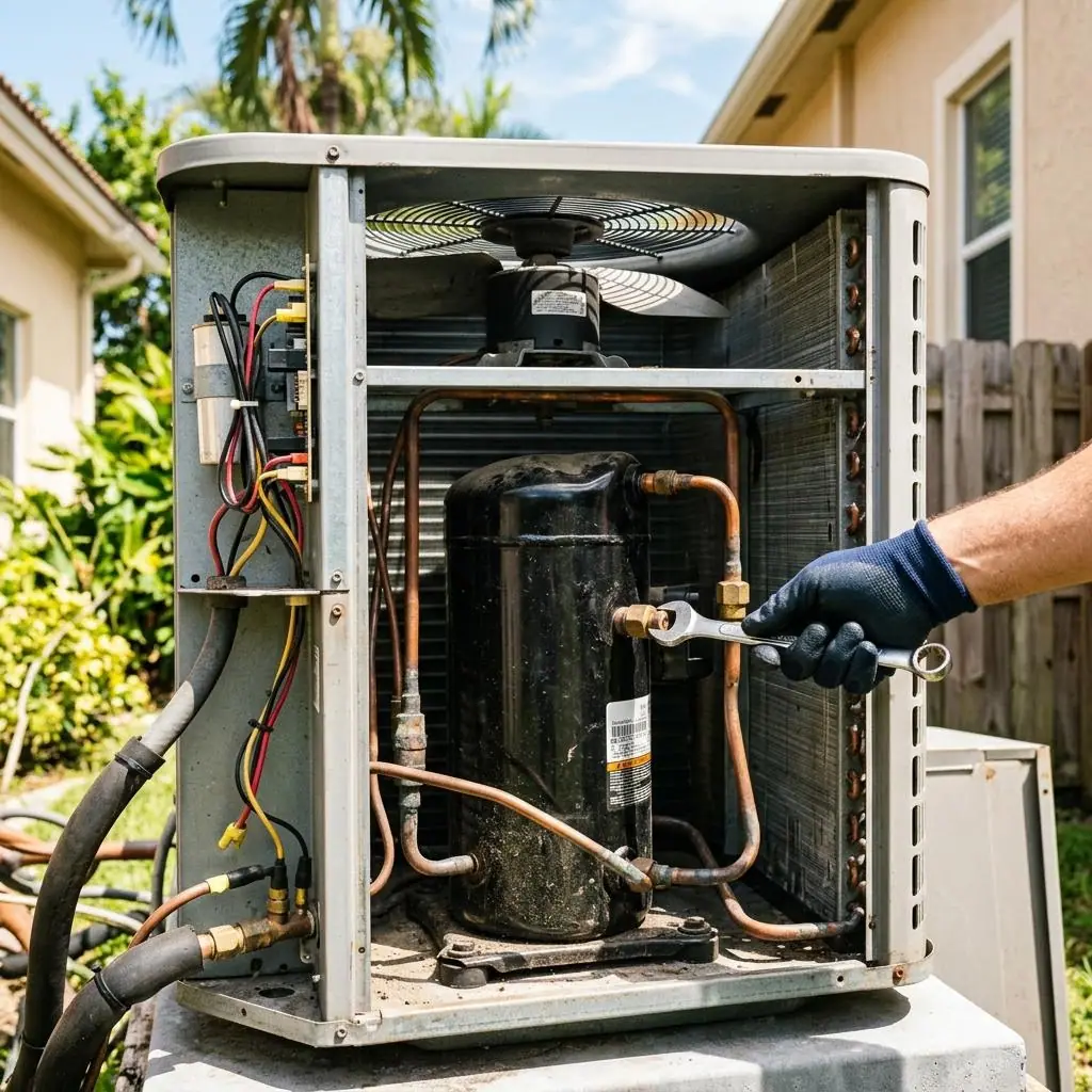 Compressor inside an open outdoor AC condenser unit during a replacement