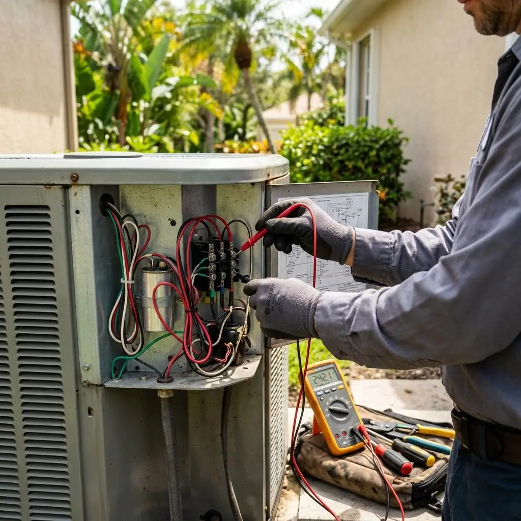 Technician testing the electrical components of an outdoor air conditioning unit in Orlando
