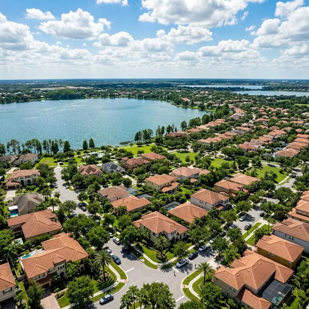 Aerial view of a sunny Orlando neighborhood with tree lined streets and a lake