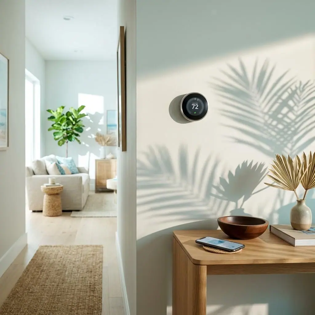 Smart thermostat on the wall of a cool, bright Orlando home