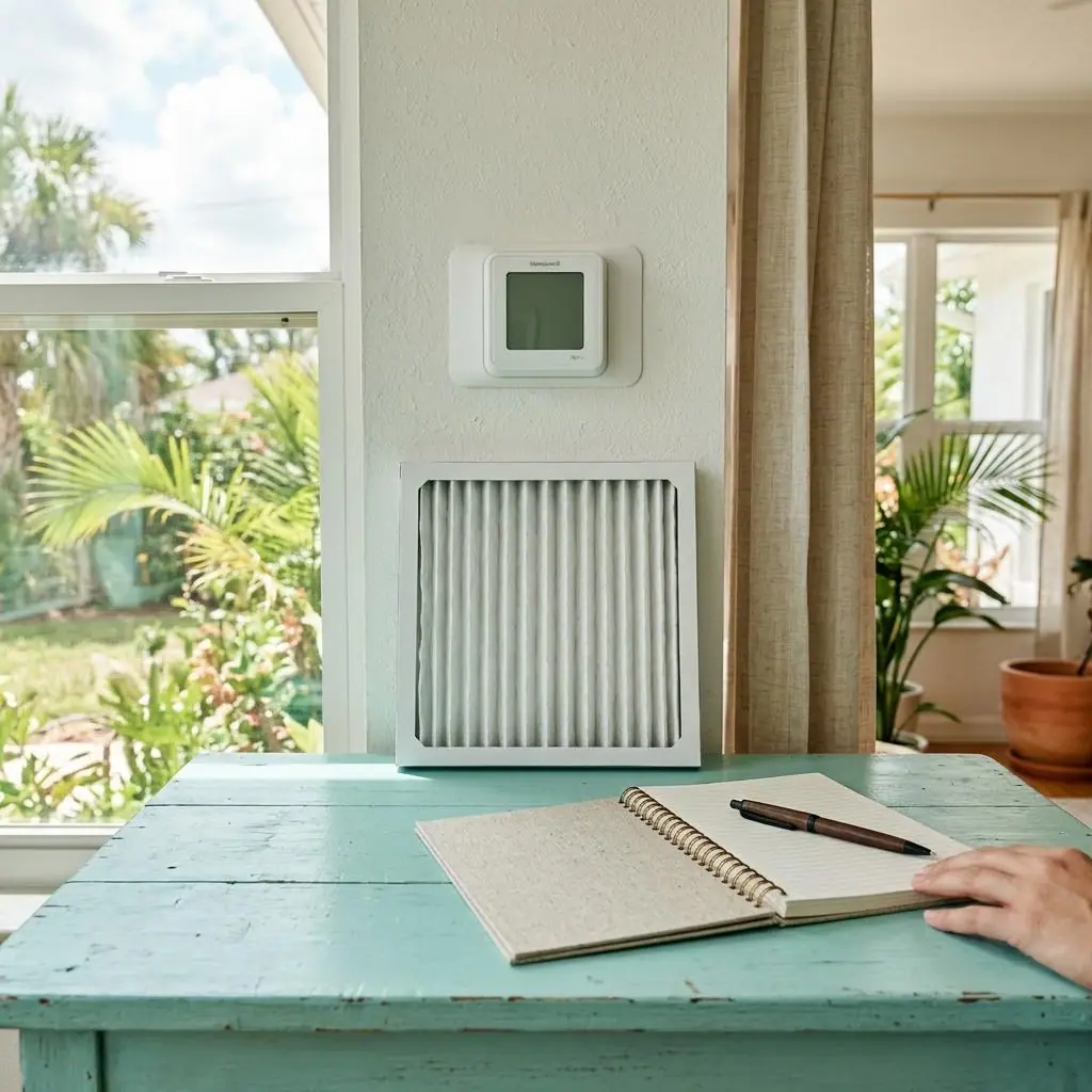 Thermostat, air filter and notebook arranged on a table in a Florida home