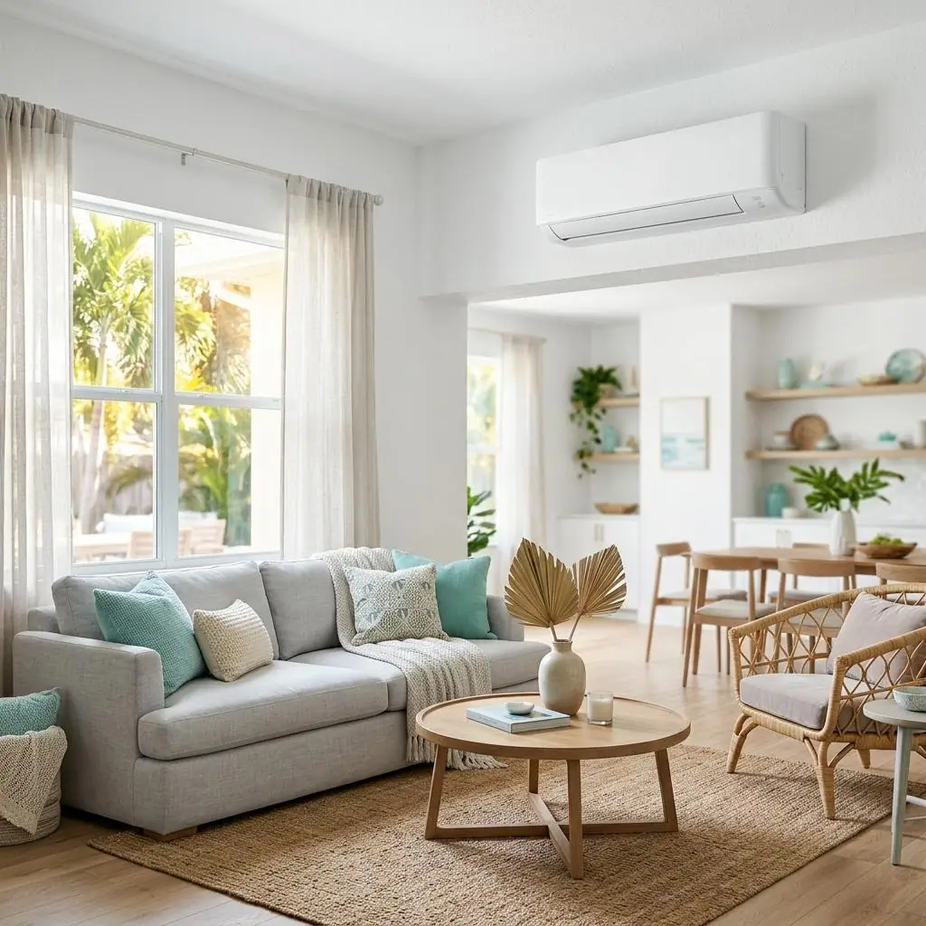 Ductless mini split mounted in a bright living room