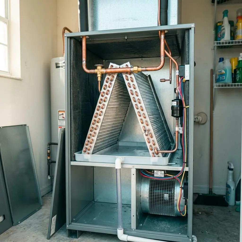 Open indoor air handler showing an A shaped evaporator coil ready for replacement