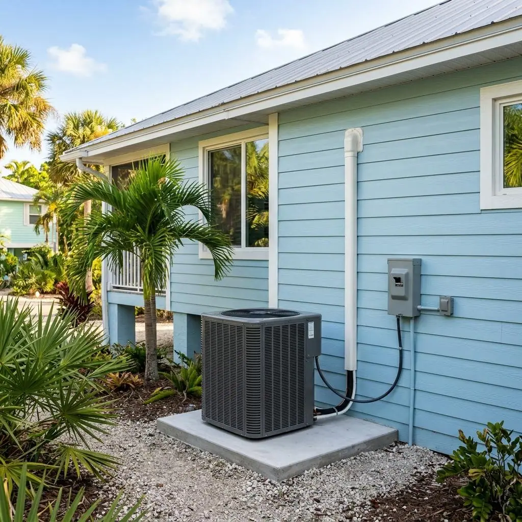 Newly installed outdoor heat pump unit on a pad beside a pastel Orlando home