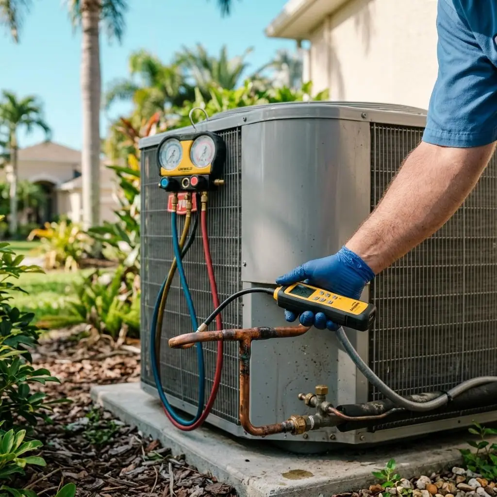 Electronic refrigerant leak detector held near copper line joints on an AC unit